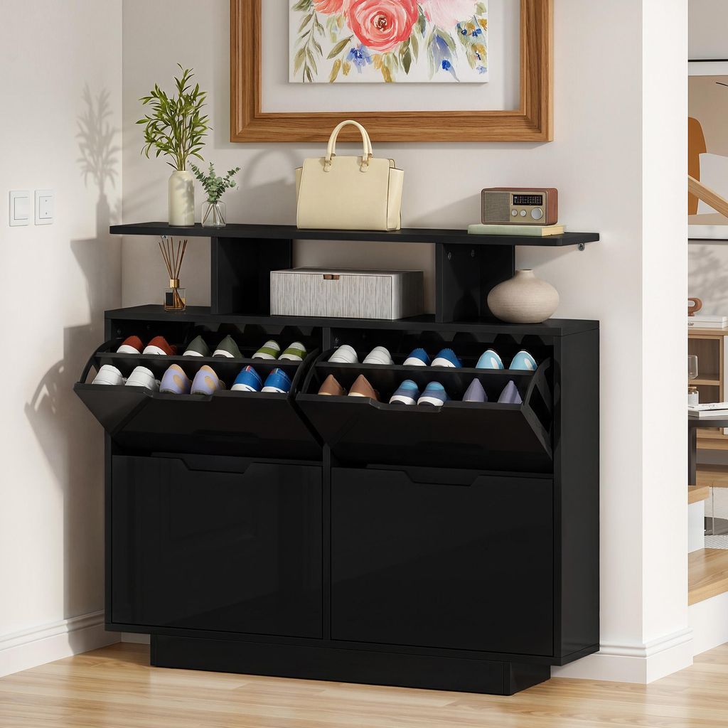 Schmaler Hochglanz-Schuhschrank mit 4 Klappen, Schwarz, 120x24x106cm, platzsparend für 16-24 Paar Schuhe im Flur