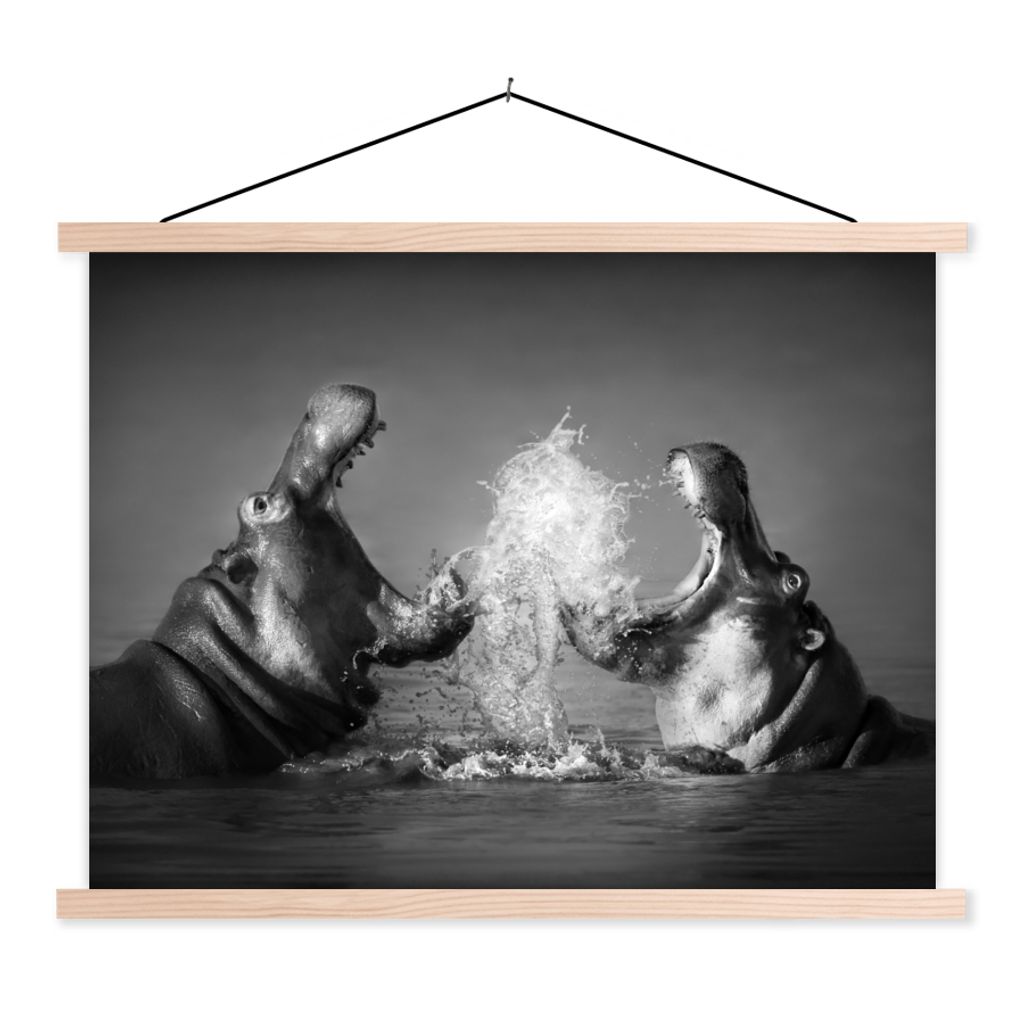 MuchoWow Textilposter Tiere - Nilpferd - Wasser - Schwarz - Weiß 120x90 cm mit holzfarbenen Rahmen - Magnetisch