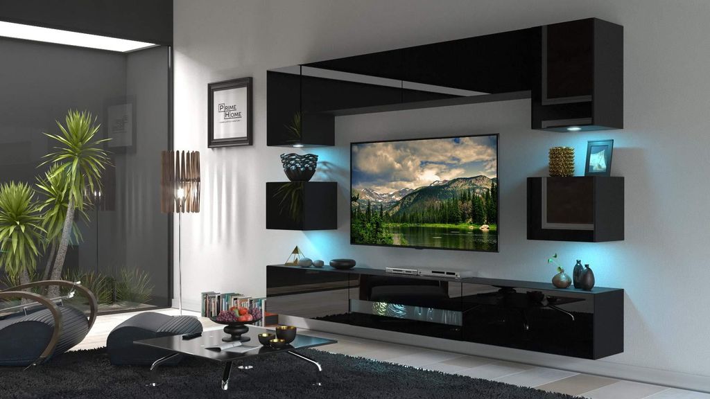 Furnitech Wohnwand Wohnzimmer - Wohnzimmer Möbel mit LED Blau - Wohnzimmer Schrankwand(Besta DAN1-17B-HG20 1B)