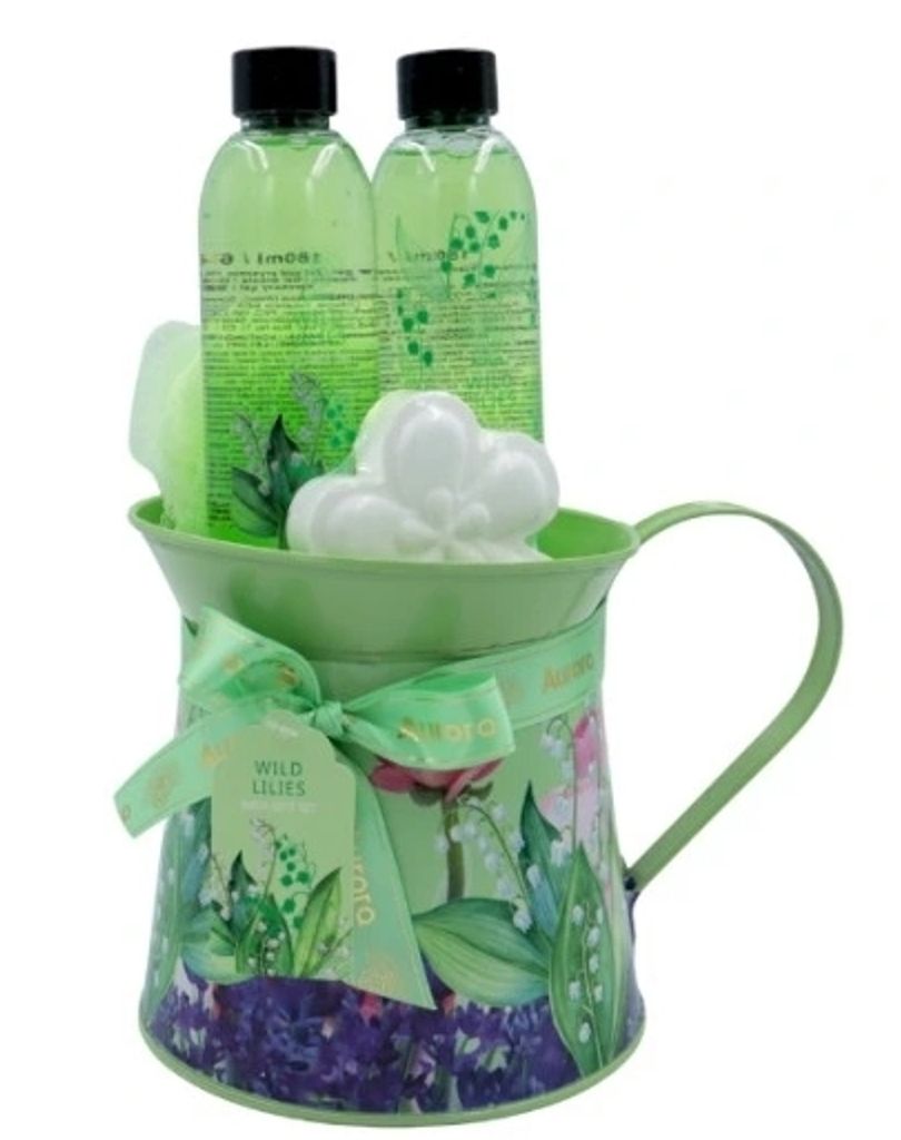 Aurora Luxus-Wellness-Set Wilde Lilie: Duschgel 180 ml + Shampoo 180 ml + Badebombe + Schwamm