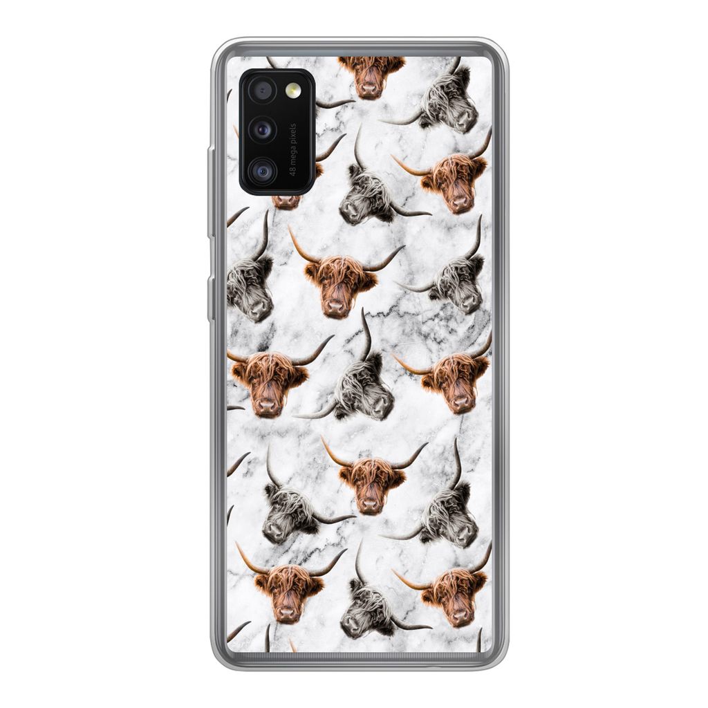 MuchoWow Handyhülle Schutzhülle Hülle für Samsung Galaxy A41 Schottischer Highlander - Kuh - Marmor Silikon Softcase Handy Hülle - Mobiltelefon