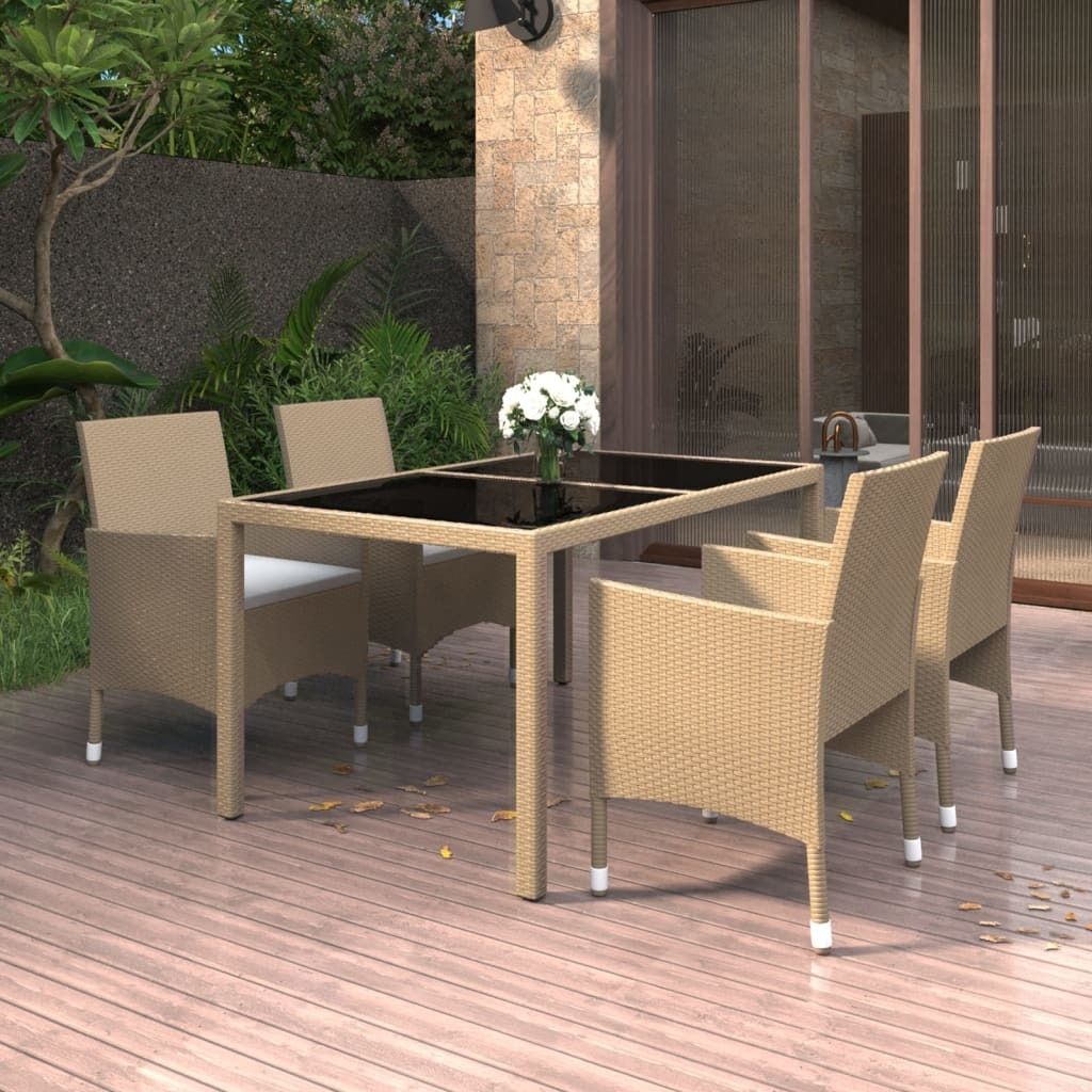 The Living Store 5-tlg. Garten-Essgruppe Poly Rattan und Hartglas Beige