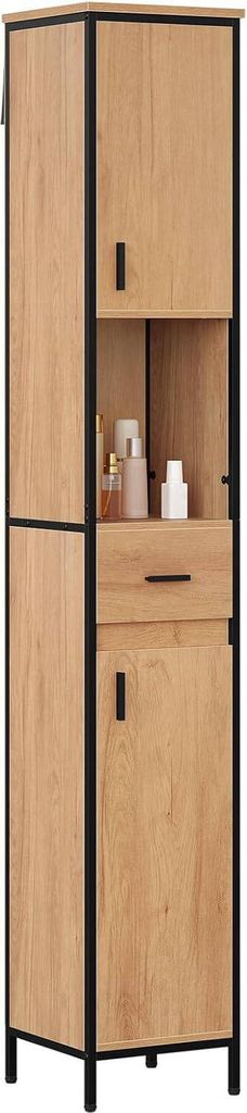 EUGAD Badezimmerschrank, mit Schublade, offenem Fach, verstellbaren Ablagen, 30x180x30 cm, schwarz Helle Eiche