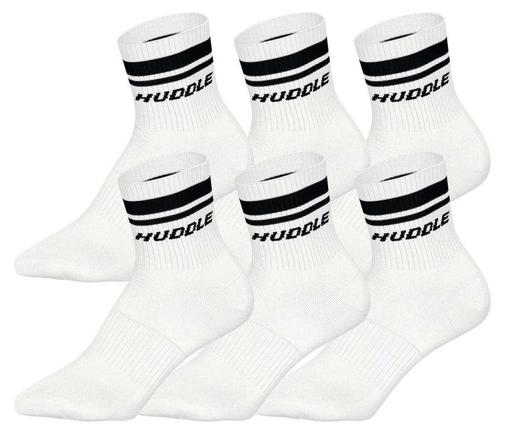 HUDDLE Uni Socken, 6er Pack - Doppelstreifen, Logo, Short Crew, Sportsocken, einfarbig Weiß 35-38