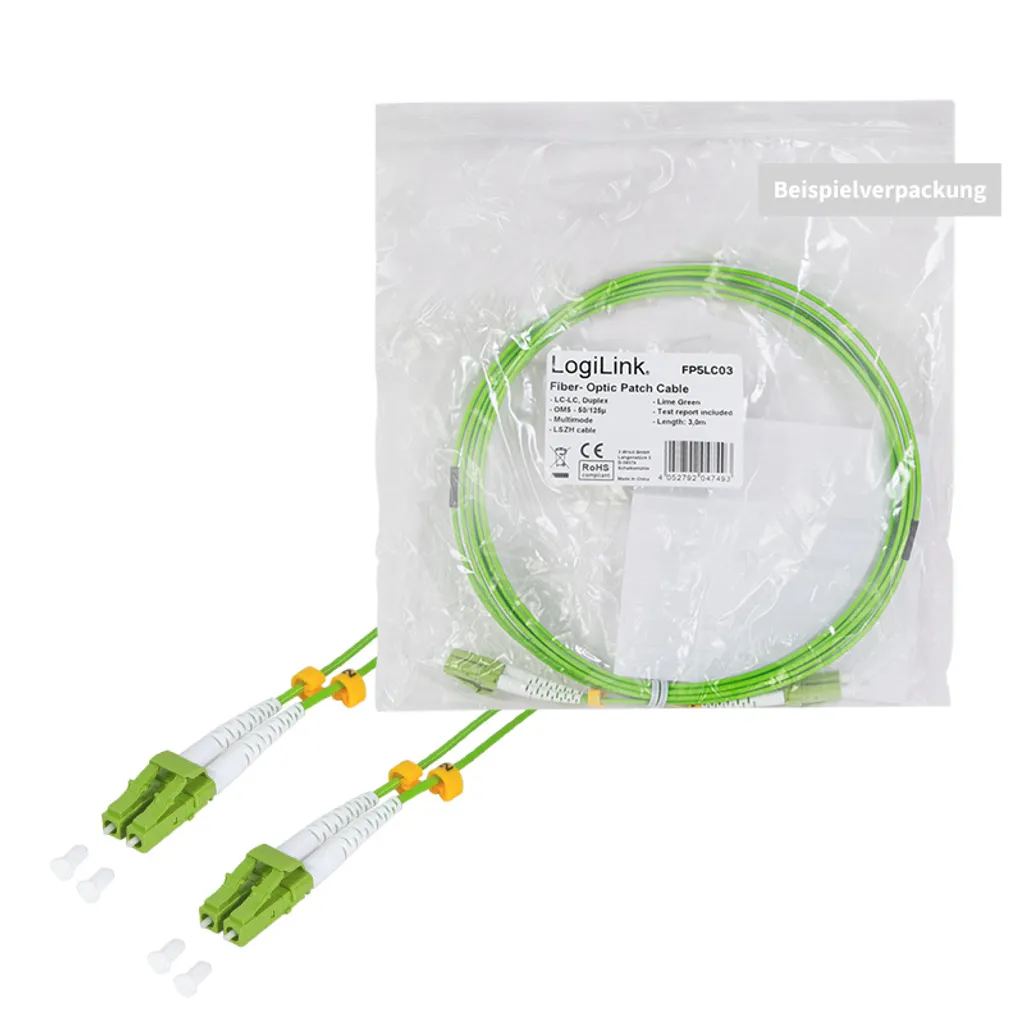 Câble patch FO duplex OM5 LC/LC LogiLink 50/125µ vert lime de 7,5m - 5