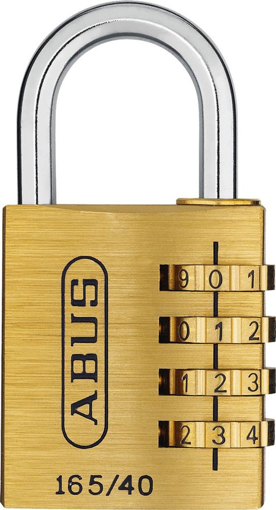 A close-up studio shot of a brass combination padlock.