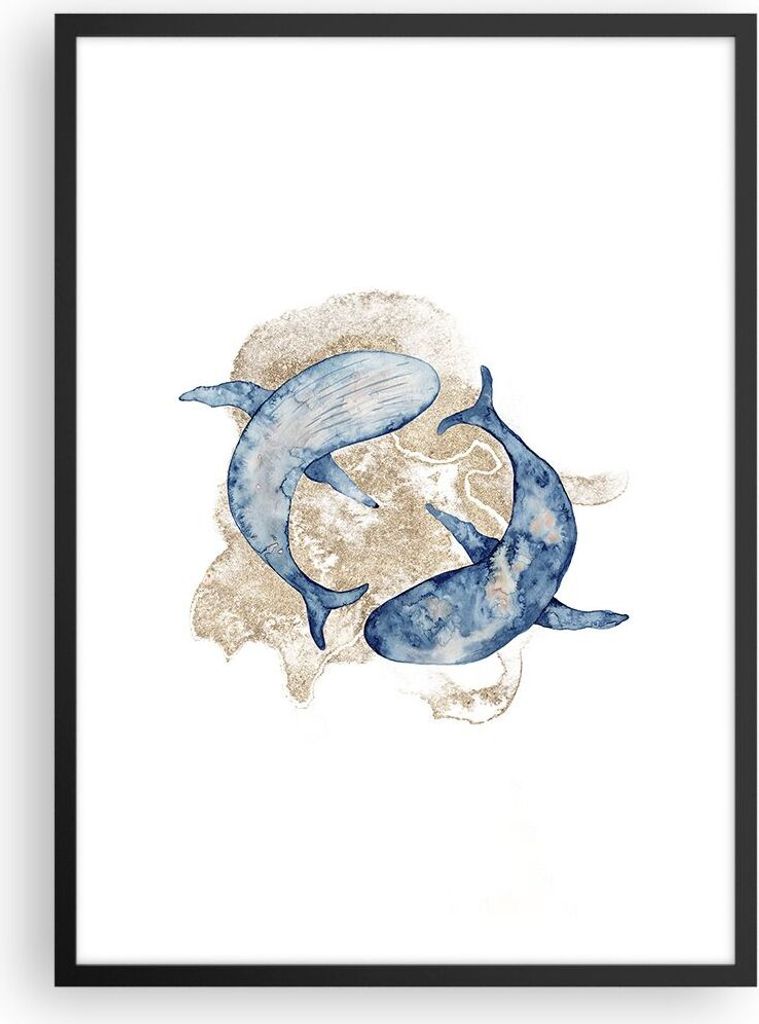 Gerahmtes Poster - Schwarzer Rahmen - Wal Aquarell Gold - 50x70 cm - Wand Bild - Wanddeko - Wandbilder - Kunstposter - Wandposter - Bilderrahmen - ...