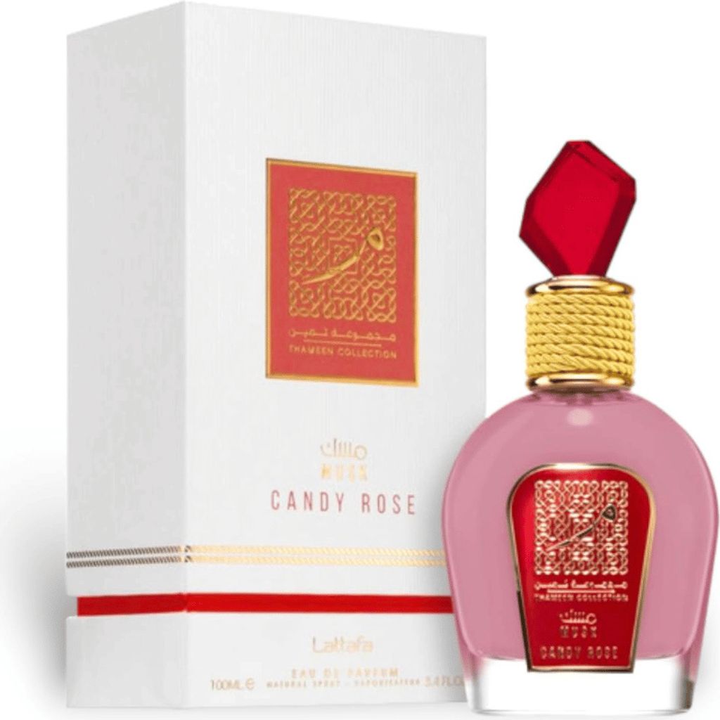 A perfume bottle and its packaging are displayed on a white background.