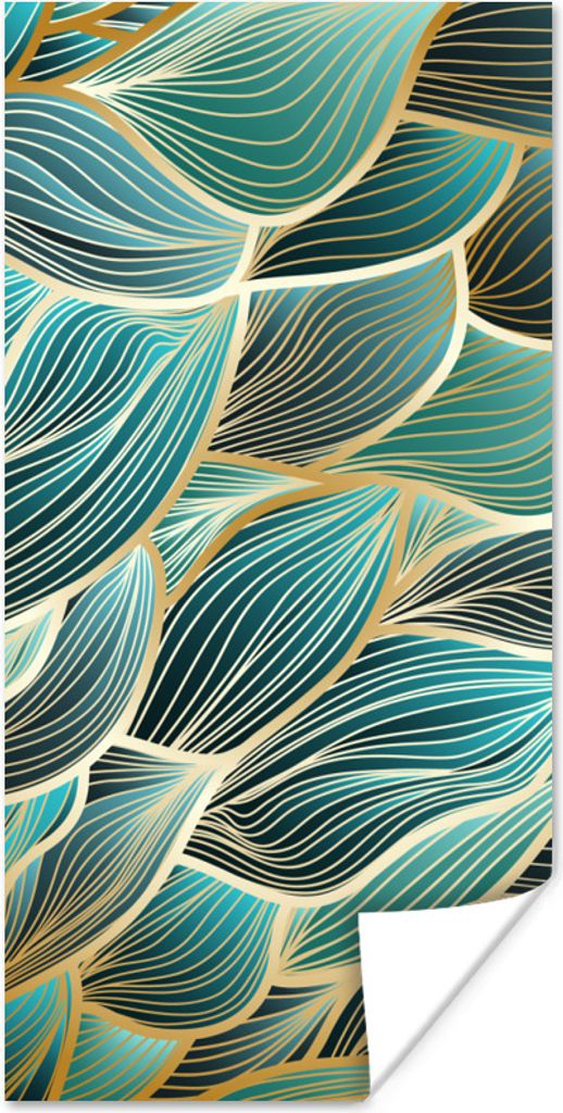 MuchoWow Poster Goldene Wellen auf blauem Hintergrund 80x160 cm - Kinderzimmer