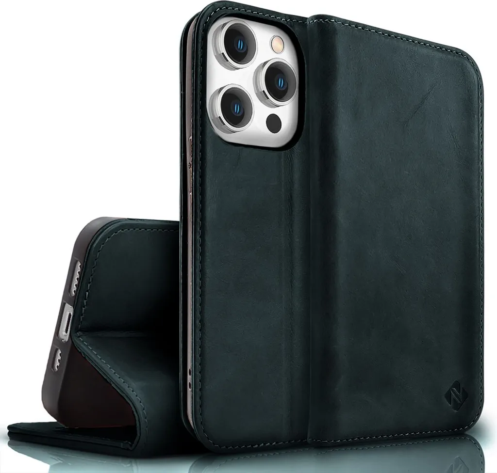 NALIA custodia flip in vera pelle per iPhone 15 Pro Max, cover protettiva in pelle di vacchetta protezione RFID portafoglio custodia in pelle blu scuro