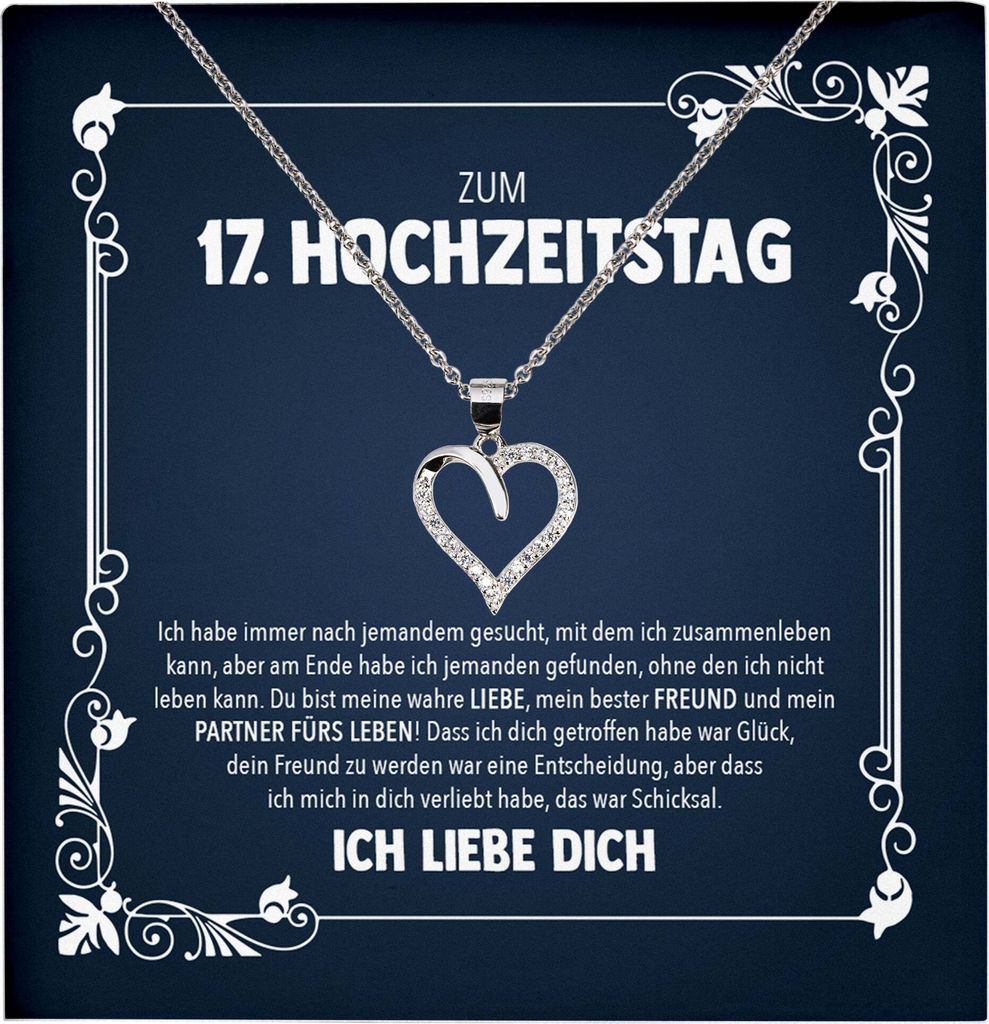 22Feels Ehefrau 17. Hochzeitstag Geschenk Ich Liebe Dich Frauen Herz Halskette Damen Collier mit 23 Zirkonia Steinen (Damen Silber 925/000 Schmuck)