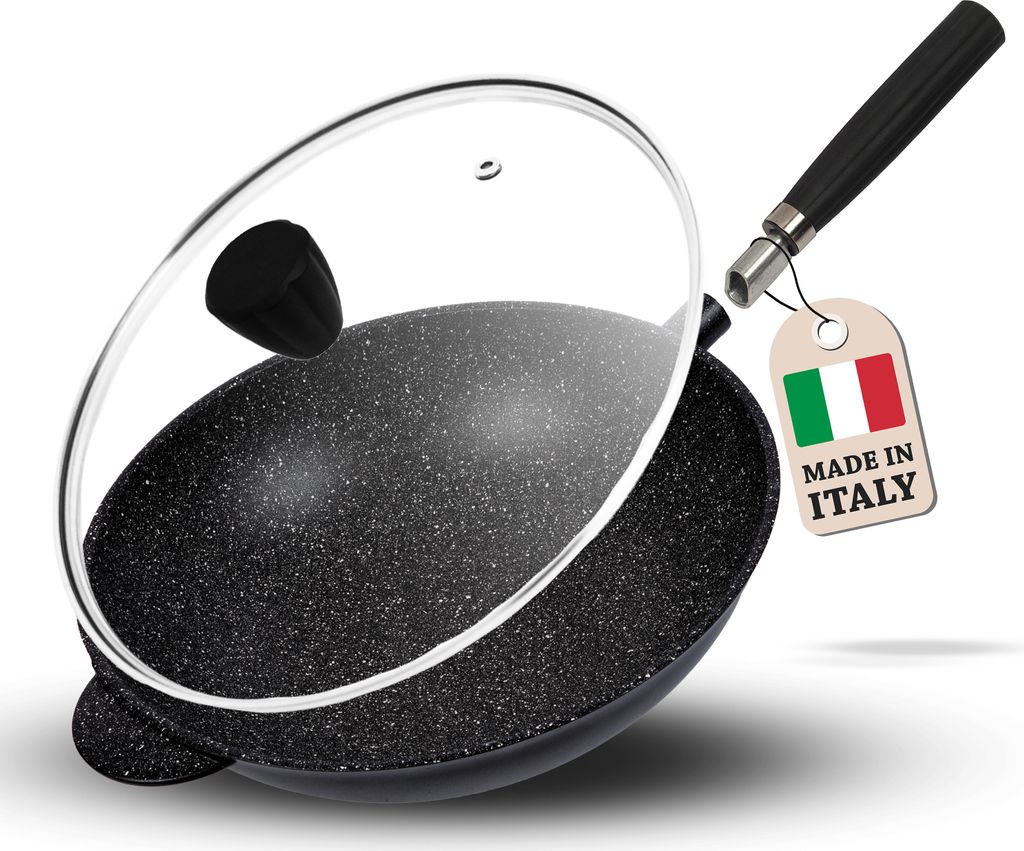 Pentolpress Granit Wokpfanne mit Deckel (32 cm) – Wokpfanne für Induktion – Super kratzfeste Wokpfanne – Antihaft Wok Italy – Wokpfanne I...
