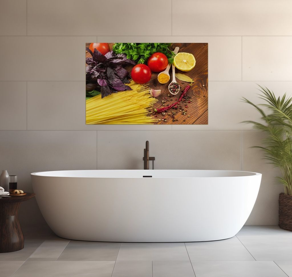 Wallario wasserfestes Poster selbstklebend 91,50 x 61 cm, Italienisches Menü mit Spaghetti, Tomaten, Basilikum und Gewürzen, Badezimmerposter Spr...