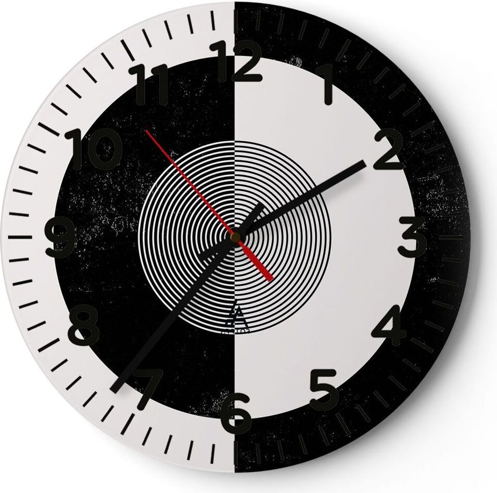 Wanduhr - Rund - Glasuhr - Abstraktion Rad Schwarz und Weiß - 40x40cm - Schleichendes Uhrwerk - Lautlos - zum Aufhängen bereit - Dekoration Moder...