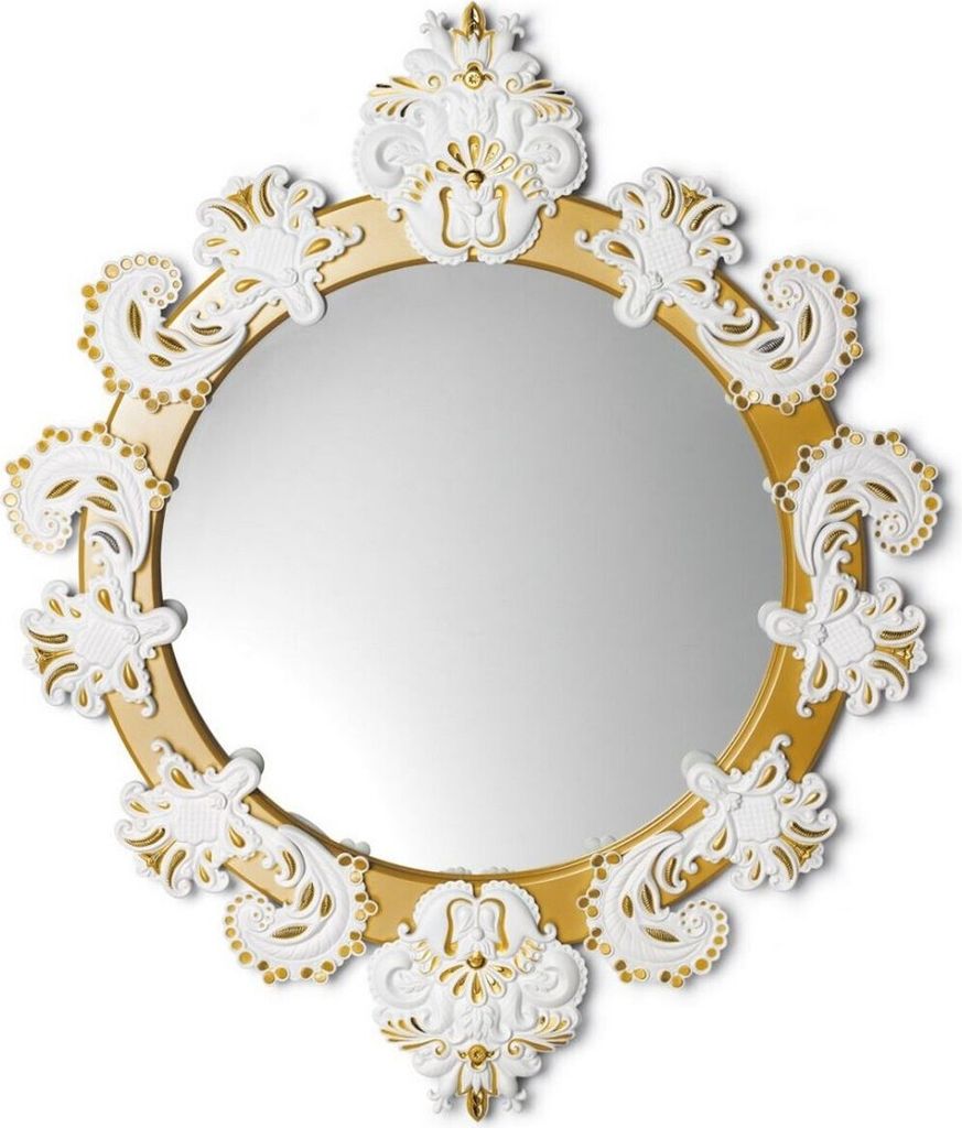 Casa Padrino Designer Wandspiegel Gold / Weiß 72 x H. 90 cm - Luxus Spiegel mit handgefertigter Porzellan Deko aus feinstem Spanischen Porzellan