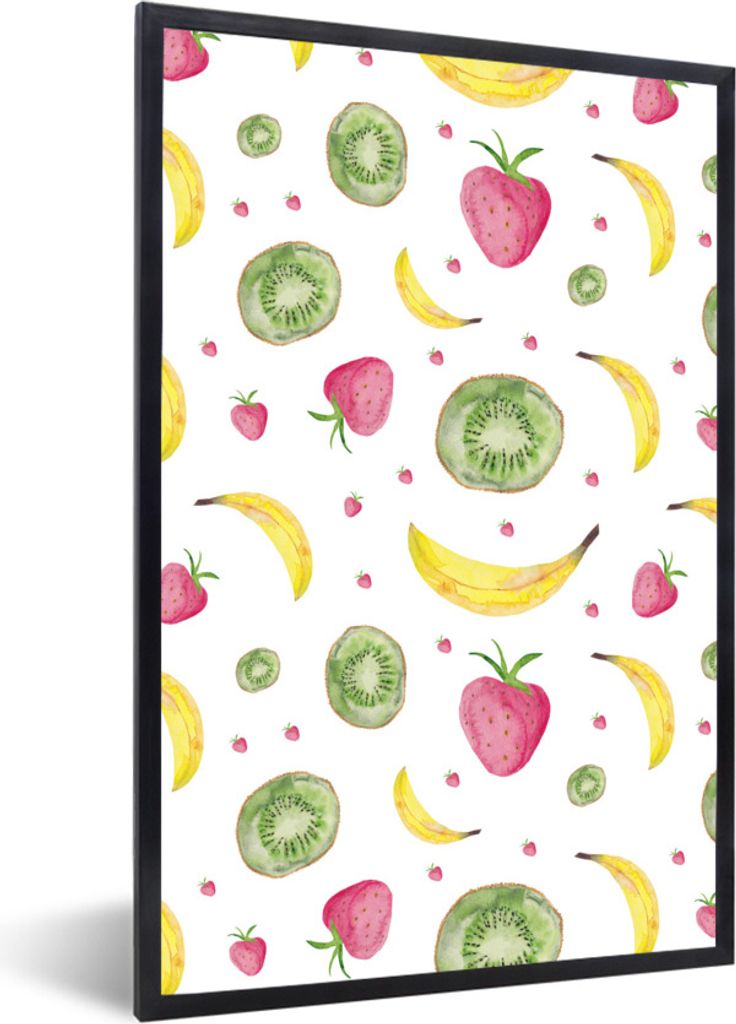 MuchoWow Gerahmtes Poster Obst - Aquarell - Weiß 40x60 cm - Poster mit Schwarzem Bilderrahmen Wandposter Rahmen Foto Bilder - Papierdruck - Wand...
