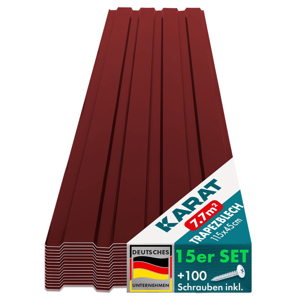 15 Stück Trapezblech 115x45 cm Profiblech SET inkl. 100 Schrauben 7,7 m² Rot