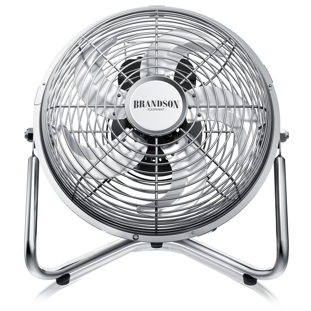 A silver retro-style floor fan is shown against a white background.