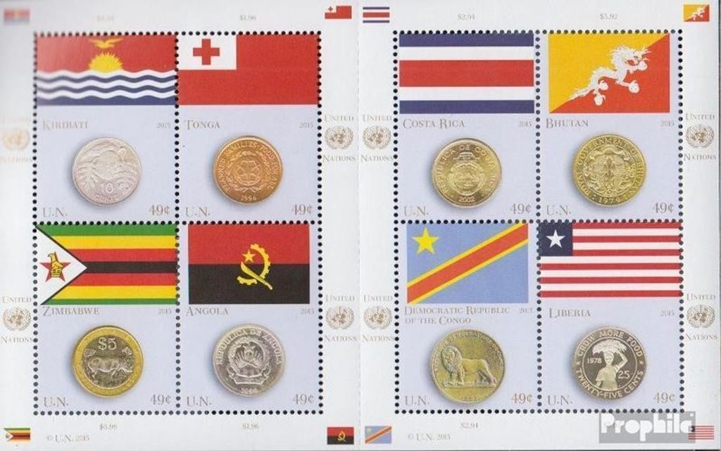 Briefmarken UNO - New York 2015 Mi 1445-1452 Kleinbogen (kompl.Ausg.) postfrisch Flaggen und Münzen