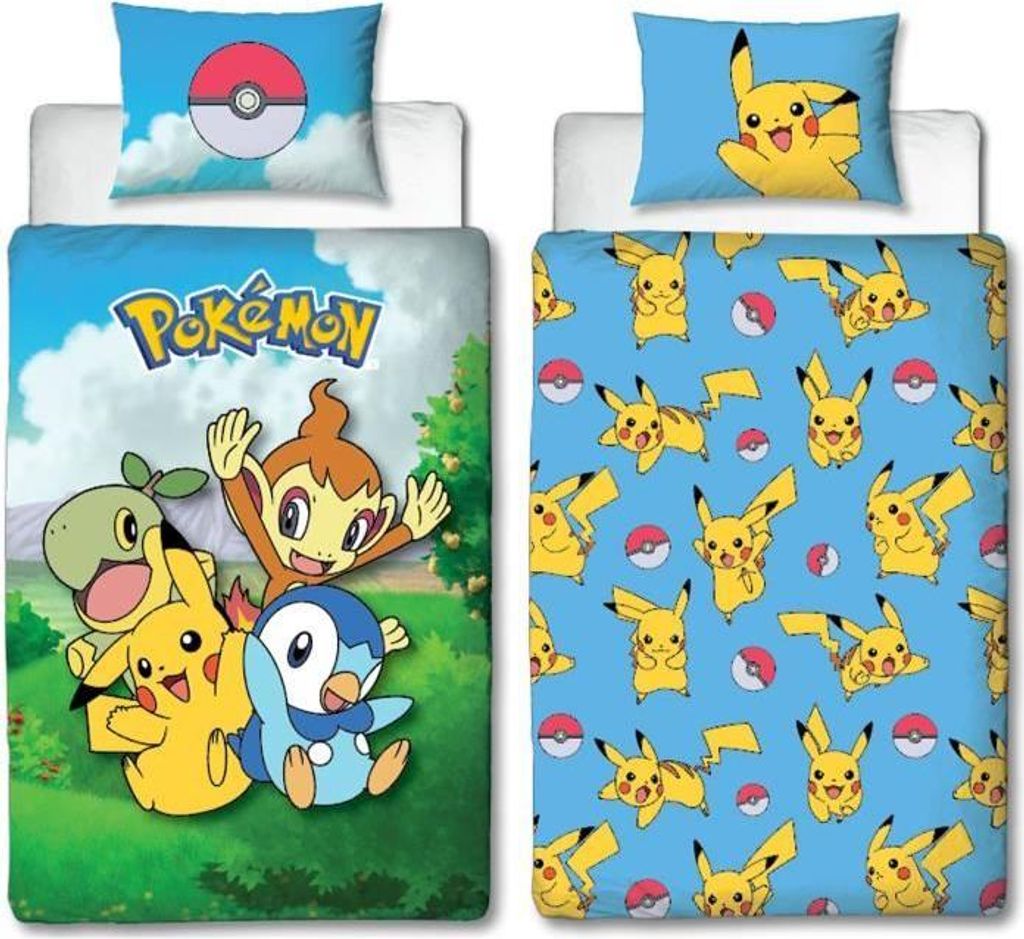 Wendebettwäscheset – POKEMON – Pikachu und Freunde – Mikrofaser – 1 Bettbezug 140 x 200 cm + 1 Kissenbezug 63 x 63 cm
