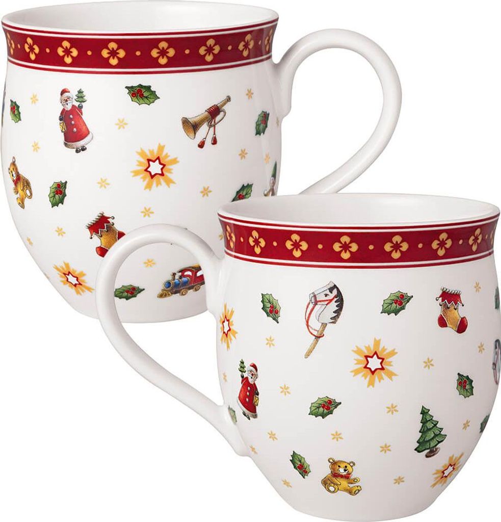 Two white ceramic mugs with a festive Christmas design.