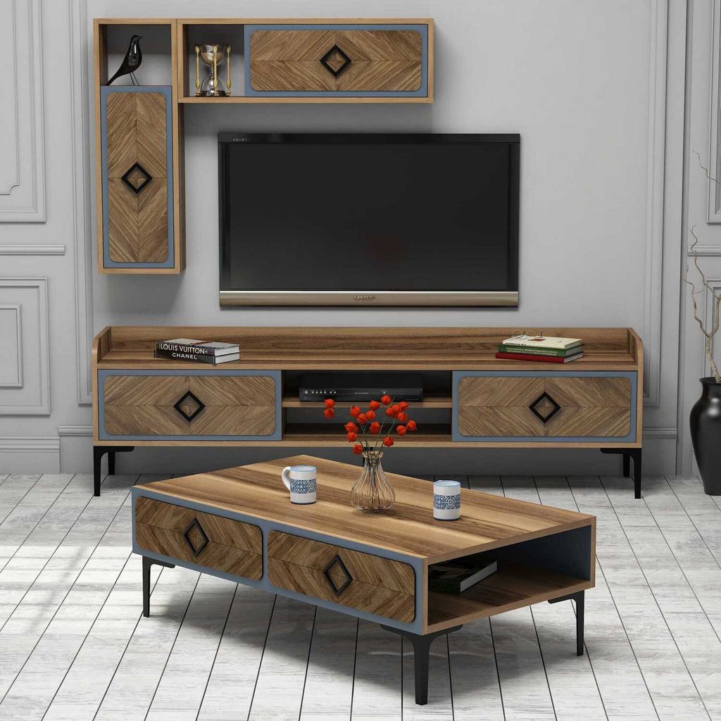Skye Decor, Samba - Blue, Wohnzimmermöbel-Set, Nussbaum, 100 % MELAMINBESCHICHTETE SPANPLATTEN, 180 x 35 x 52 cm