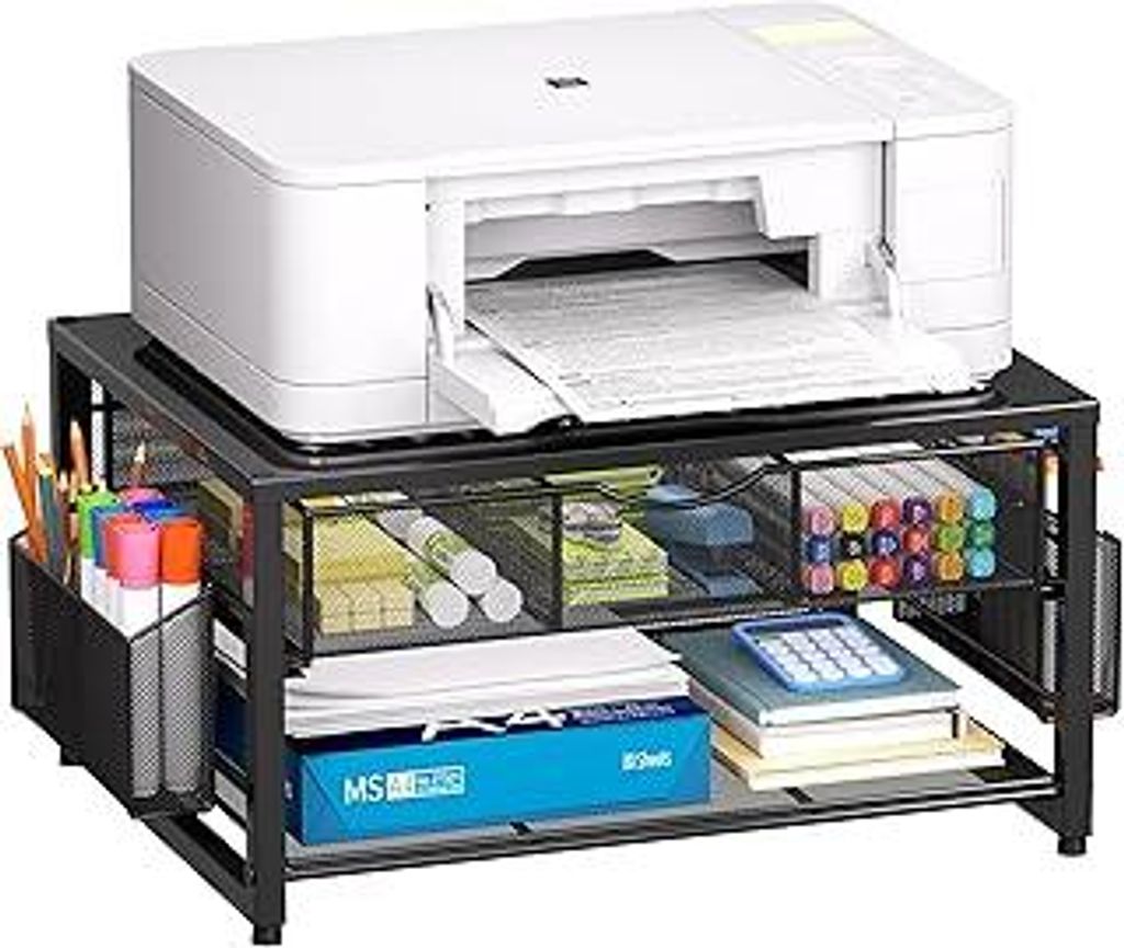 Marbrasse 2-Tier Druckerständer und Aufbewahrung,Monitor Stand with Drawer and 2 Pen Holders,Büroartikel Organizer aus Metall,Mehrzweck Schreibti...
