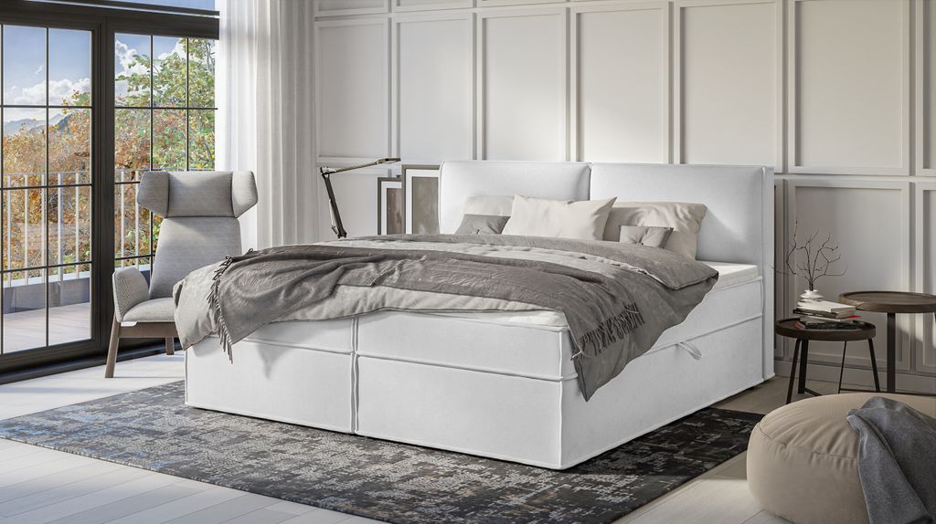 S-STYLE MÖBEL - Vortex - Modernes Boxspringbett 200x200 mit Topper und Bettkästen aus Silber Luxusmicrofaser, B/T/H: 200 cm / 218 cm / 103 cm