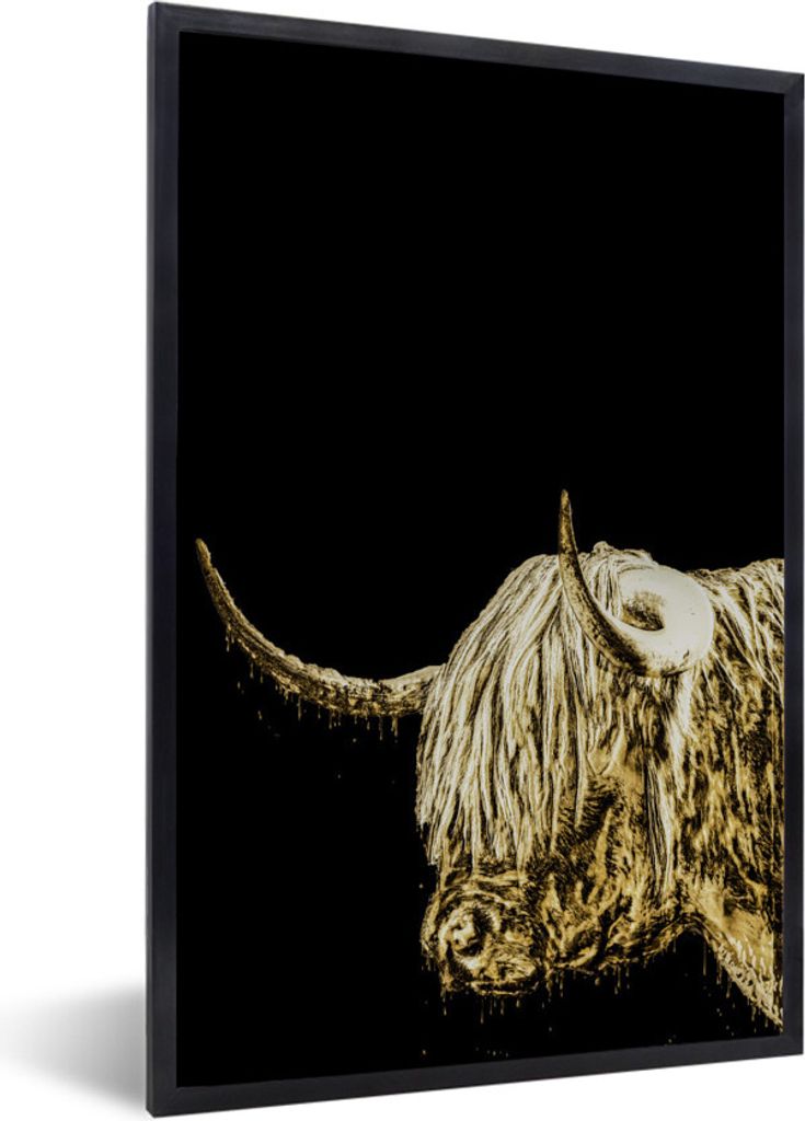 MuchoWow MuchoWow Gerahmtes Poster Schottisches Hochlandrind - Schwarz - Gold 60x90 cm - Poster mit zchwarzem Bilderrahmen - Kunst