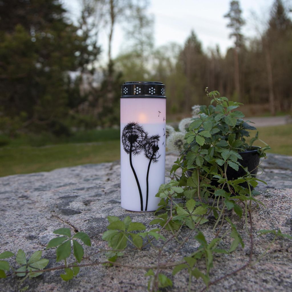 LED Grablicht/Grabkerze 'Pusteblume' - warmweiße LED - H: 21cm, D: 7cm - Timer - weiß/schwarz