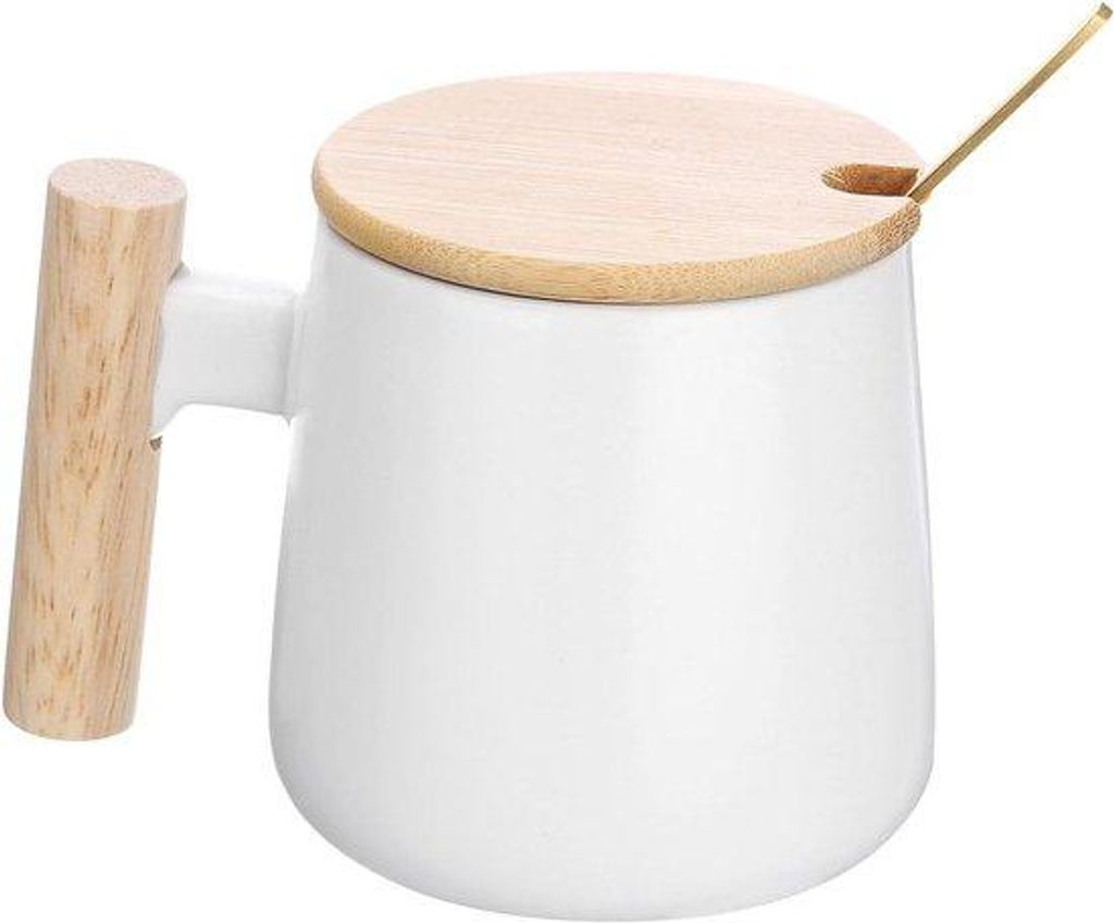Keramische Kaffee-Mok mit Holzgriff, 30 ml, Dekel und Löffel, groß, handgefertigt, weiß