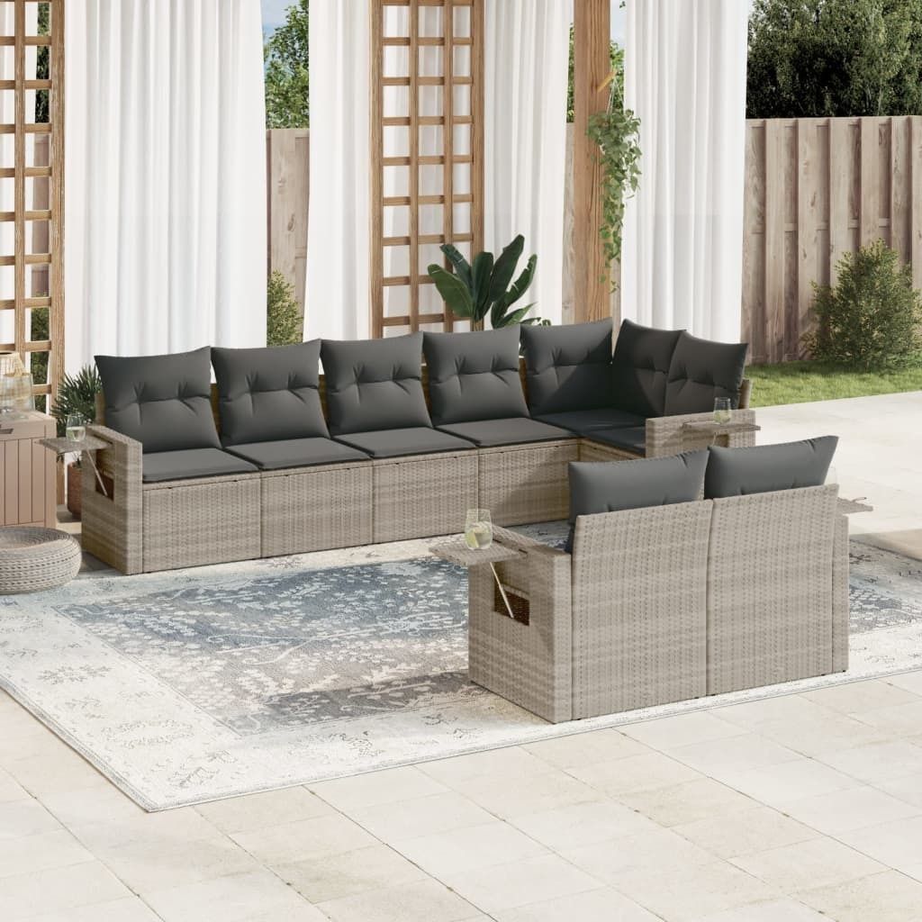8-tlg. Garten-Sofagarnitur mit Kissen Hellgrau Poly Rattan, Gartenmöbel-Sets 2024 Neu Design Möbel