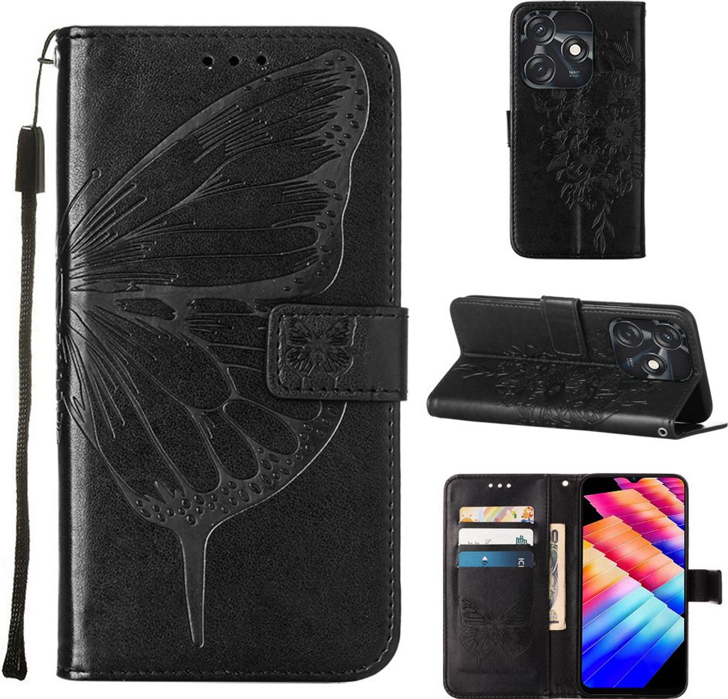 Lederhülle für Tecno Spark 10C Schmetterling Prägung Flip Ledertasche Kartenfächer Handyhülle mit Ständer Schwarz