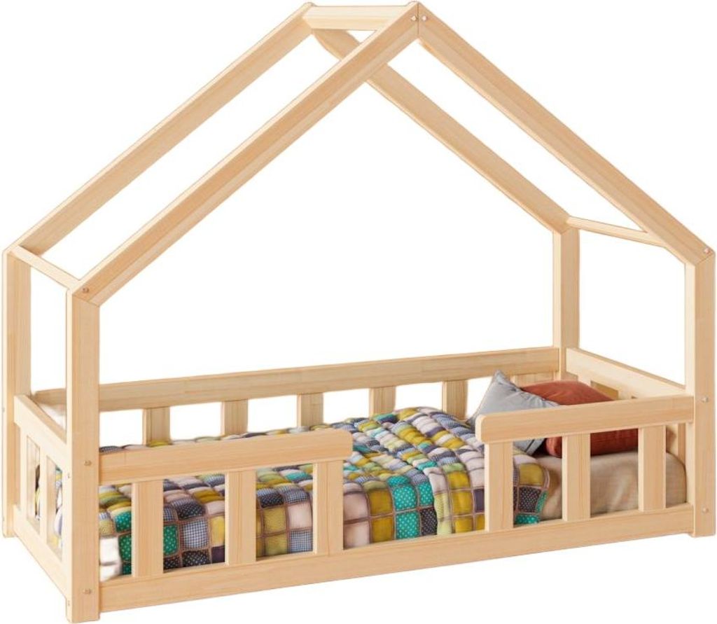 Kinderbett TRANO ADP | Hausbett Design mit Sicherheitsbarriere, Schublade für Aufbewahrung – Naturholz, 90x200 cm – Ökologisches Produkt, lei...