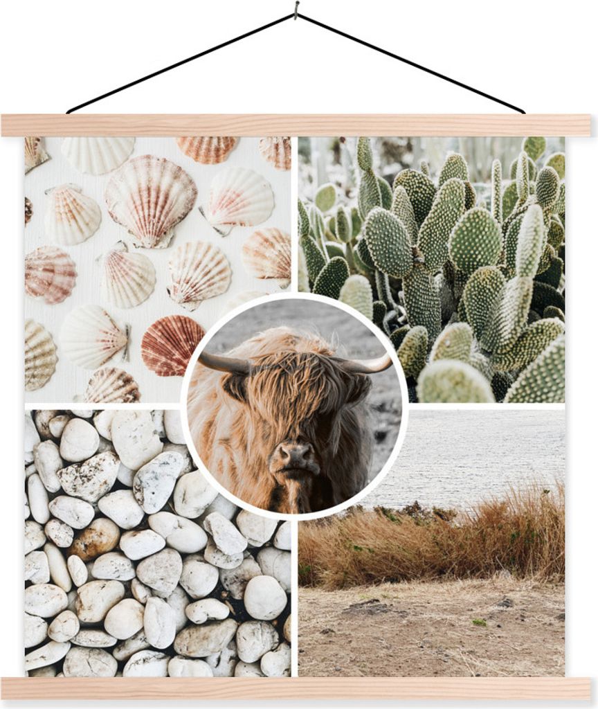 MuchoWow Textilposter Schottisches Hochlandrind - Collage - Steine - Sand 60x60 cm mit holzfarbenen Rahmen - Wanddekoration