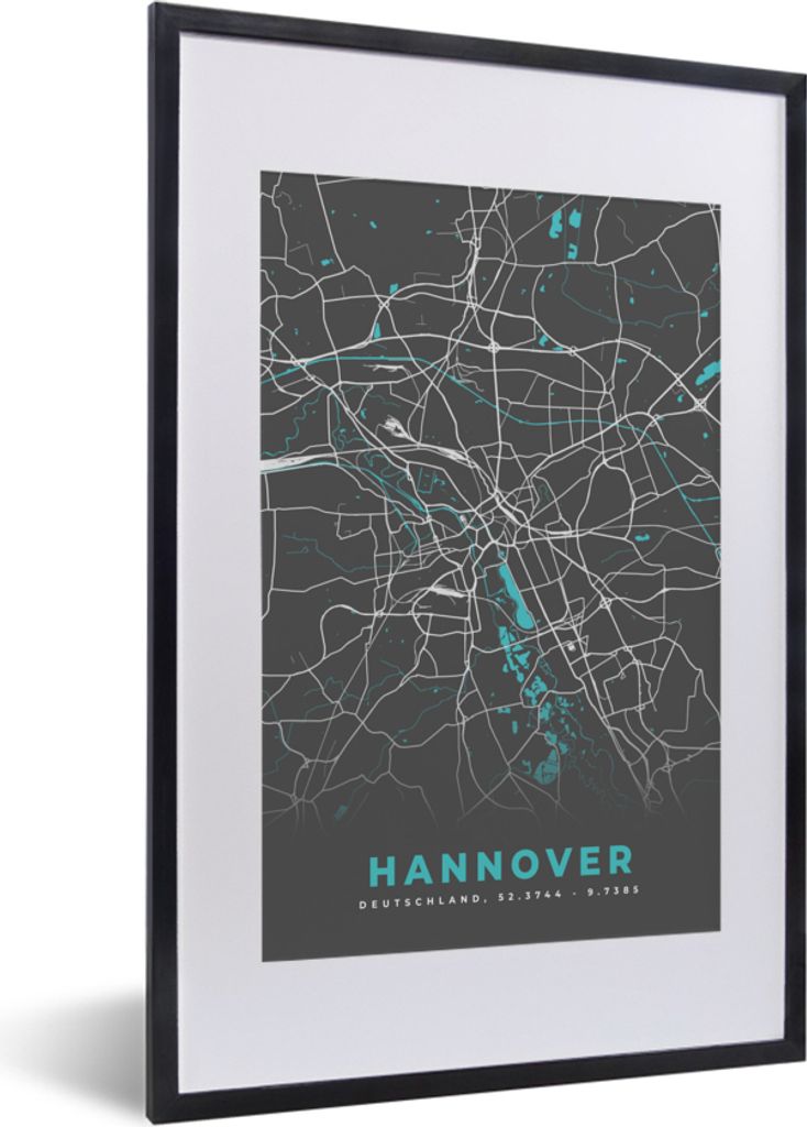 MuchoWow Gerahmtes Poster Blau - Deutschland - Karte - Stadtplan - Hannover 40x60 cm - Poster mit Schwarzem Bilderrahmen Wandposter Rahmen Foto B...