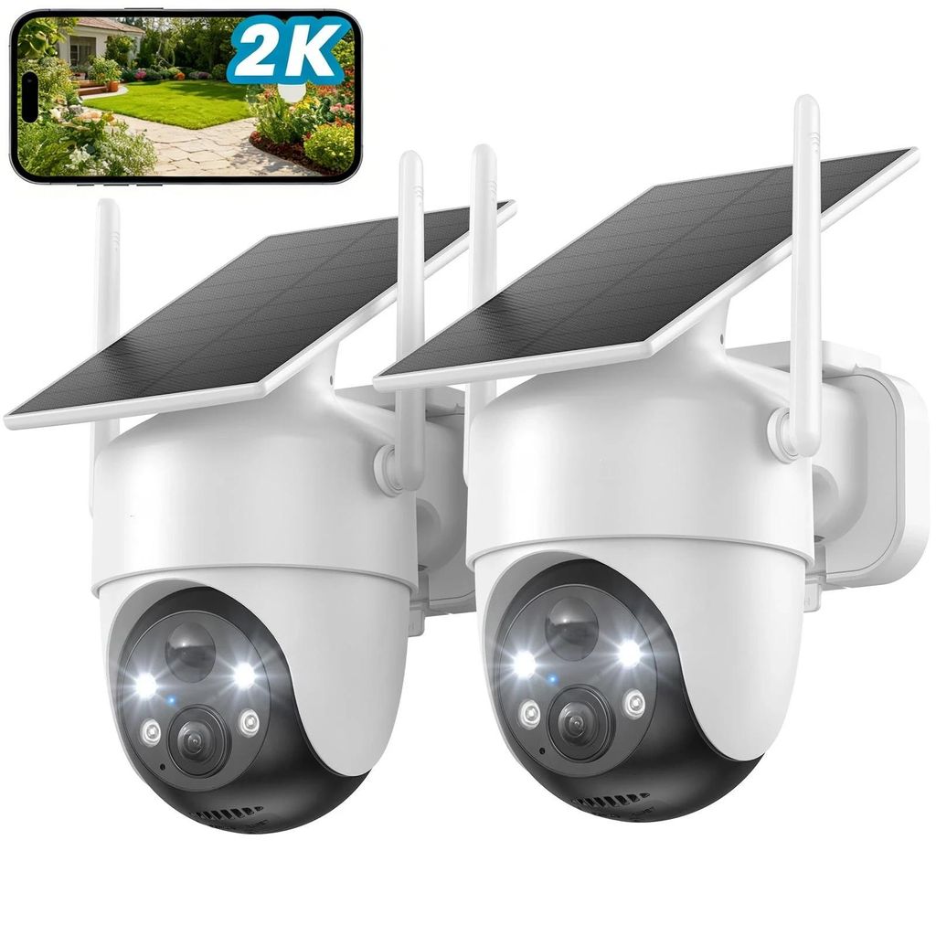 2K Überwachungskamera Aussen Akku 360° Pan WLAN Kamera mit Farbnachtsicht solar Kamera Überwachung außen PIR Bewegungsmelder Cloud/TF Storage 2PC
