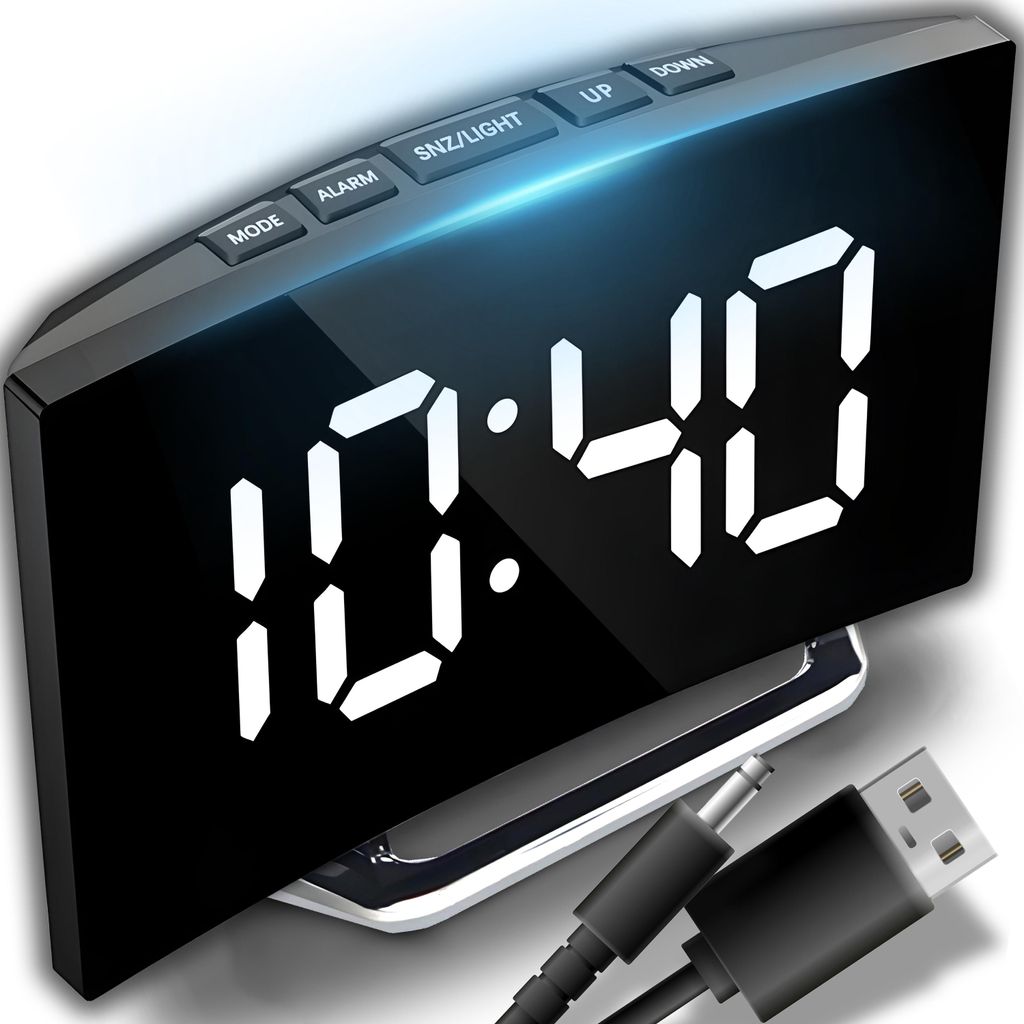 A digital alarm clock with a mirrored LED display showing the time.