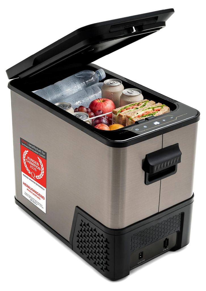 TZS First Austria - Kompressor-Kühlbox 38L - DC 12/24 V betreibbar - Anti-Fingerprint, Dark Steel - Tragegriff