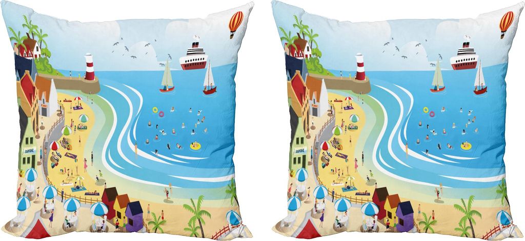 ABAKUHAUS Strand Kissenbezug Set (2Stück), Tropische Sommerferien Reiseziele Cartoon-Stil Stadt Illustration Schiffe Ballon, 45 x 45 cm, Mehrfarbig