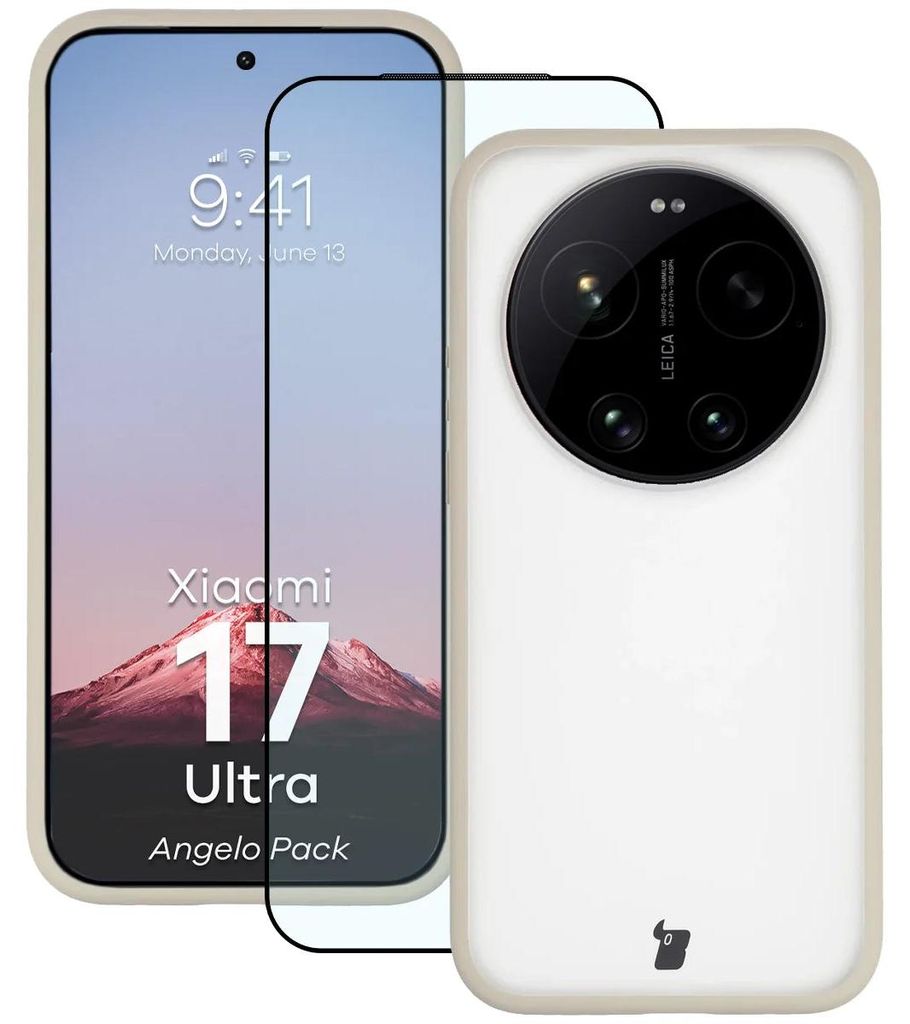 Schutzhülle + gehärtetem Glas Bizon Angelo Pack für Xiaomi 17 Ultra, Getönte mit beigem Rahmen