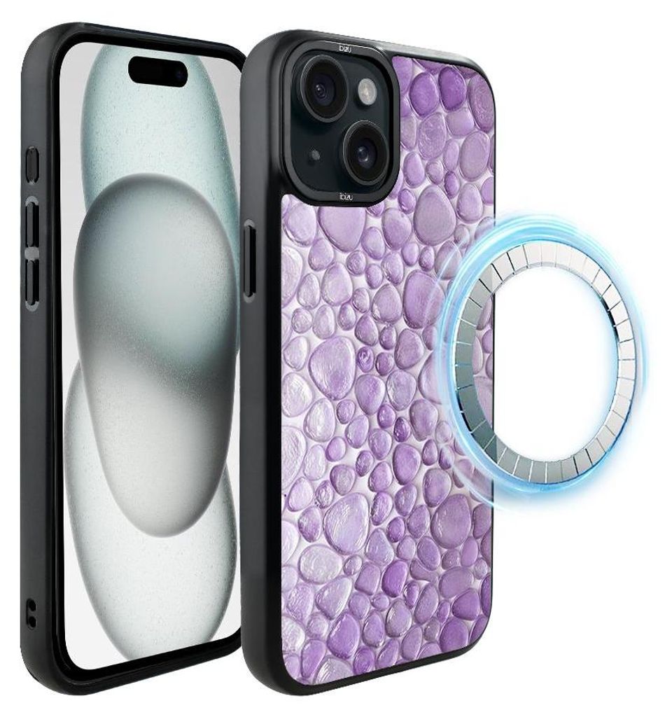 Schutzhülle für das iPhone 15 Plus, MagSafe-kompatibel, mattschwarze Seiten, violette Wassertropfen
