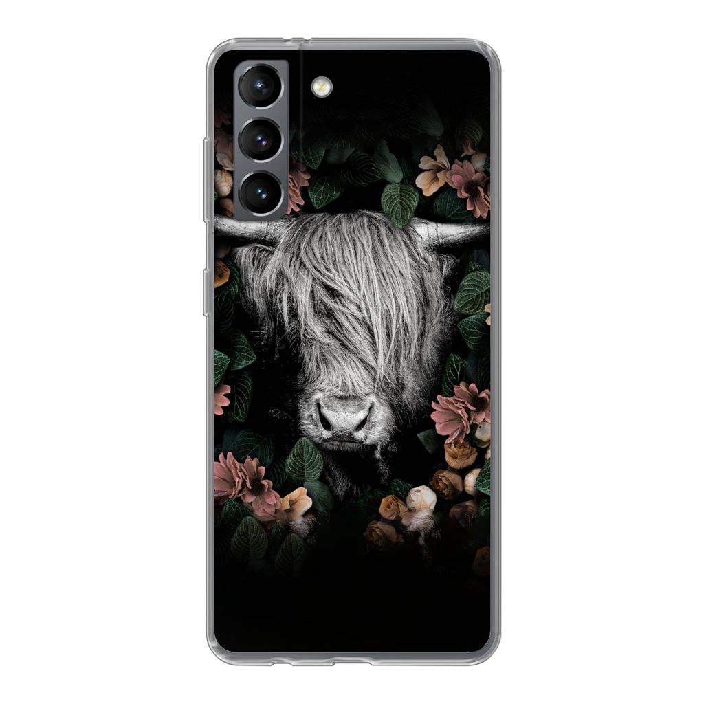 MuchoWow Handyhülle Schutzhülle Hülle für Samsung Galaxy S21 Schottischer Highlander - Blumen - Rosa Silikon Softcase Handy Hülle - Softcase