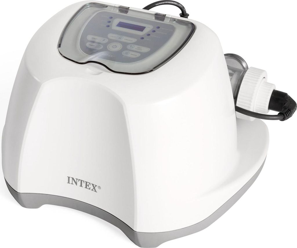 A white and gray Intex chlorinator for a garden pool is shown against a white background.
