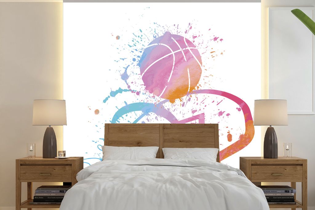 MuchoWow Fototapete für Wohnzimmer oder Schlafzimmer Wandtapete Vinyl Motivtapete Aquarellierte Illustration eines Basketballs mit Korb - 260x26...