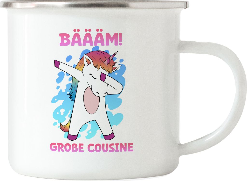 Bäääm Große Cousine Emaille Tasse Einhorn Schwangerschaft Ankündigung Babyparty Babyshower Cousin & Cousine