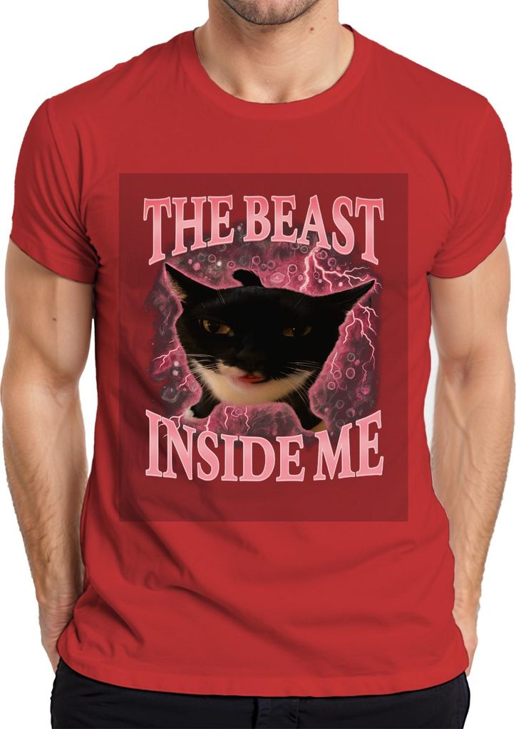 Die Bestie in mir ist unaufhaltsam schwarze Katze rosa Blitz Herren T-Shirt, Rot, M