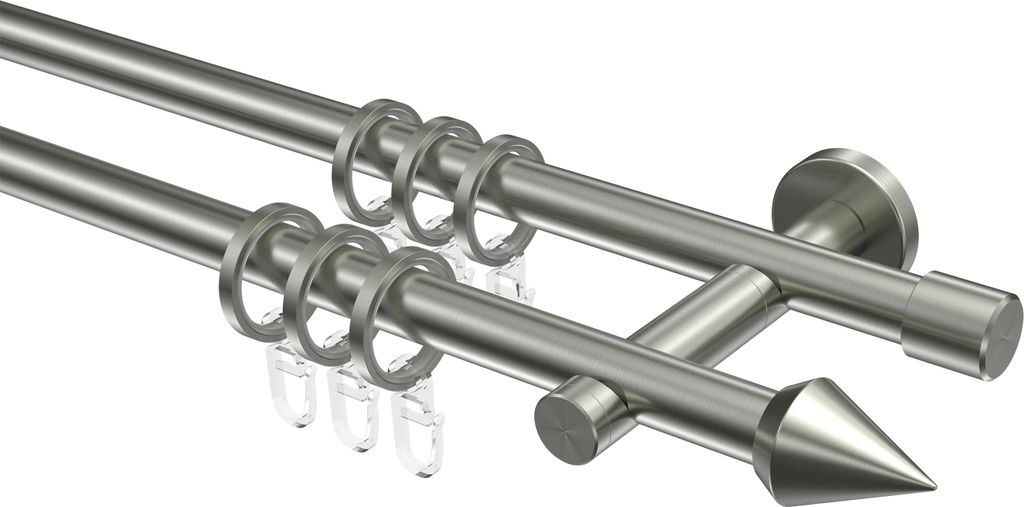 Interdeco Gardinenstange / Vorhangstange Edelstahl, Typ Enorma Castello (Doppelkegel), 16 mm Ø 2-läufig, 440 cm