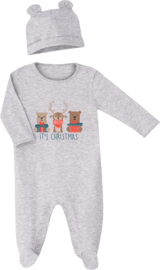 PocoPiano Christmas Body Set 2-tlg Mütze Langarm Druckknöpfe Jungen Mädchen Grau 98-104