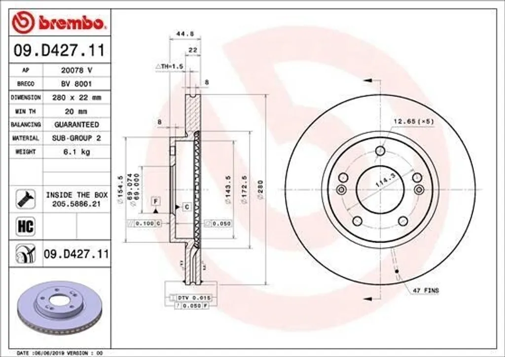 Disque de frein Brembo 09.D427.11 pour Hyundai Ioniq et Kia Niro OE